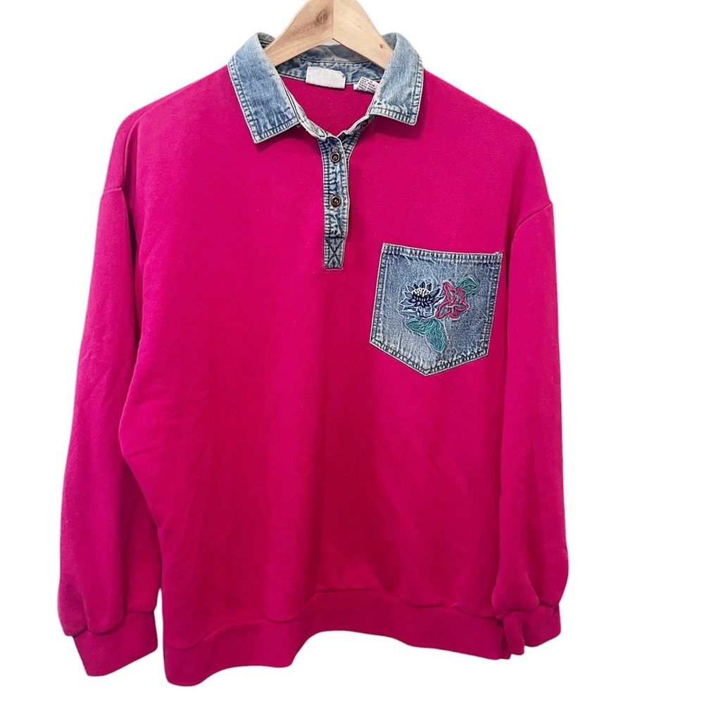 Koret City Blues Vintage 90s Pink Pullover with Denim Collar Embroidered Pocket